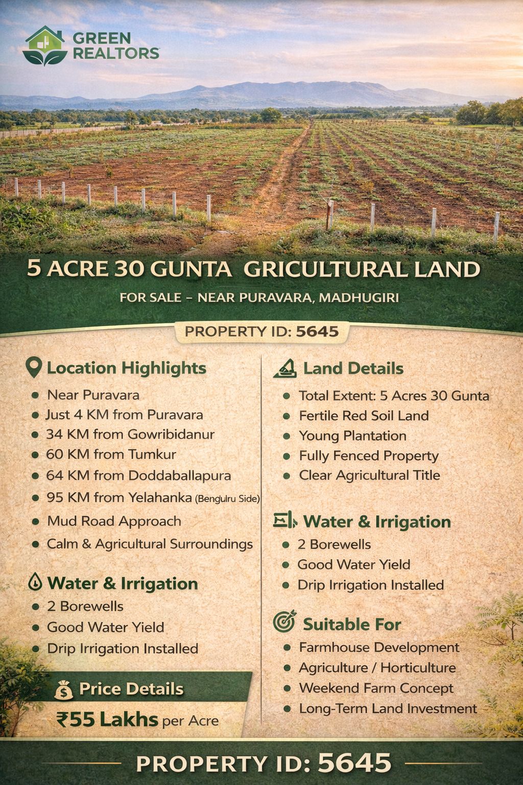 *PROPERTY ID – 5645* 🌾 *5 Acre 30 Gunta Agricultural Land for Sale – Near Puravara, Madhugiri 🌾*